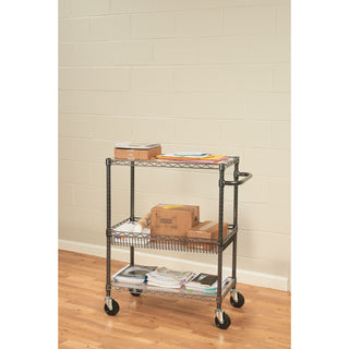 Alera® Three-Tier Wire Cart with Basket, 34w x 18d x 40h, Black Anthracite (ALESW543018BA)
