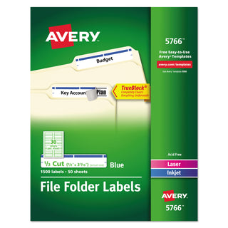 Avery® Permanent TrueBlock File Folder Labels with Sure Feed Technology, 0.66 x 3.44, White, 30/Sheet, 50 Sheets/Box (AVE5766)