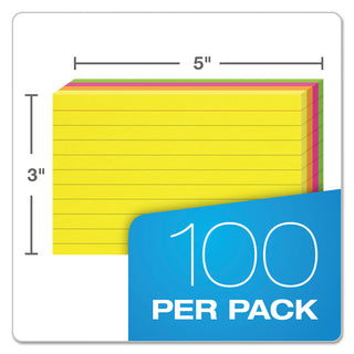 Oxford™ Ruled Index Cards, 3 x 5, Glow Green/Yellow, Orange/Pink, 100/Pack (ESS40279)