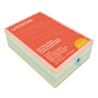 Universal® Self-Stick Note Pads, Note Ruled, 4" x 6", Assorted Pastel Colors, 100 Sheets/Pad, 5 Pads/Pack (UNV35616)
