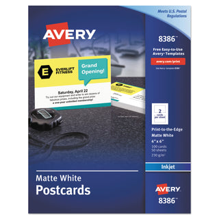 Avery® Postcards, Inkjet, 4 x 6, 2 Cards/Sheet, White, 100 Cards/Box (AVE8386)