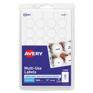Avery® Removable Multi-Use Labels, Inkjet/Laser Printers, 0.75" dia., White, 24/Sheet, 42 Sheets/Pack (AVE05408)