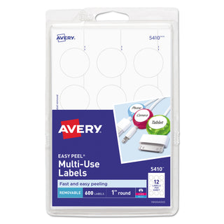 Avery® Removable Multi-Use Labels, Inkjet/Laser Printers, 1" dia., White, 12/Sheet, 50 Sheets/Pack (AVE05410)