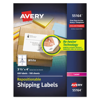 Avery® Repositionable Shipping Labels w/SureFeed, Laser, 3 1/3 x 4, White, 600/Box (AVE55164)