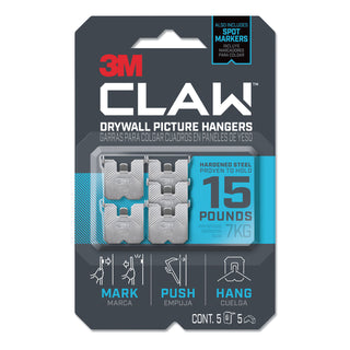 3M™ Claw Drywall Picture Hanger, Holds 15 lbs, 5 Hooks and 5 Spot Markers, Stainless Steel (MMM3PH15M5ES)
