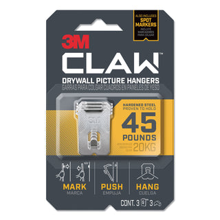 3M™ Claw Drywall Picture Hanger, Holds 45 lbs, 3 Hooks and 3 Spot Markers, Stainless Steel (MMM3PH45M3ES)