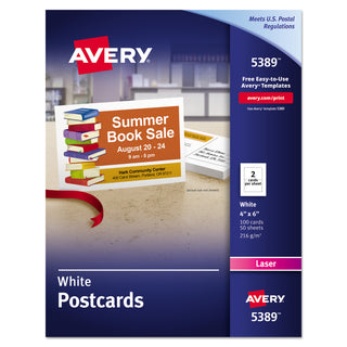 Avery® Postcards for Laser Printers, 4 x 6, Uncoated White, 2/Sheet, 100/Box (AVE05389)