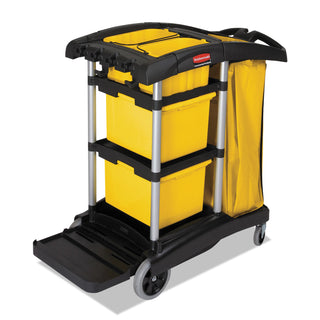 Rubbermaid® Commercial High Capacity Cleaning Cart, Plastic, 4 Shelves, 2 Bins, 21.75" x 49.75" x 38.38", Black (RCP9T72)