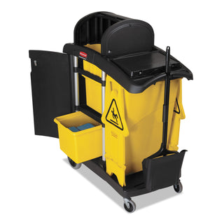 Rubbermaid® Commercial High Capacity Cleaning Cart, Plastic, 4 Shelves, 2 Bins, 21.75" x 49.75" x 38.38", Black (RCP9T72)