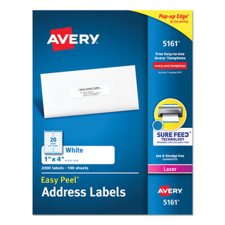 Avery® Easy Peel White Address Labels w/ Sure Feed Technology, Laser Printers, 1 x 4, White, 20/Sheet, 100 Sheets/Box (AVE05161)