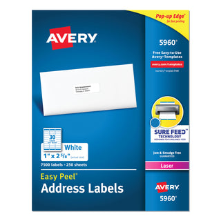 Avery® Easy Peel White Address Labels w/ Sure Feed Technology, Laser Printers, 1 x 2.63, White, 30/Sheet, 250 Sheets/Pack (AVE05960)