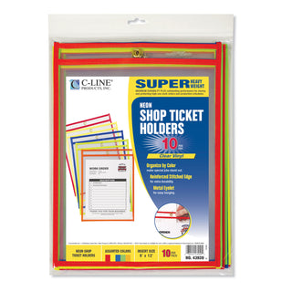 C-Line® Stitched Shop Ticket Holders, Neon, Assorted 5 Colors, 75", 9 x 12, 10/Pack (CLI43920)