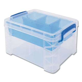 Advantus Super Stacker Divided Storage Box, Clear w/Blue Tray/Handles, 7 1/2 x 10.12x6.5 (AVT37375)