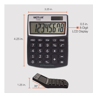Victor® 1000 Minidesk Calculator, Solar/Battery, 8-Digit LCD (VCT1000)