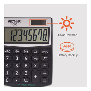 Victor® 1000 Minidesk Calculator, Solar/Battery, 8-Digit LCD (VCT1000)