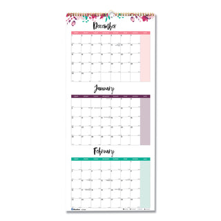 Blueline® 3-Month Quarterly Wall Calendar, Passion Floral Artwork, 12.25 x 27, White/Multicolor Sheets, 14-Month: Dec 2025 to Jan 2027 (REDC171129)
