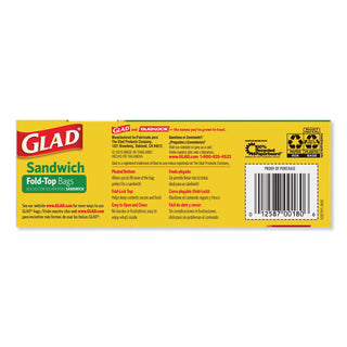 Glad® Food Storage Bags, Sandwich Fold Top, 6.50" x 5.50" Length, Clear, Plastic, 1Box, 180 Per Box, Multipurpose (CLO60771)