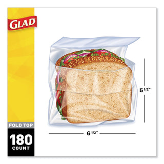 Glad® Food Storage Bags, Sandwich Fold Top, 6.50" x 5.50" Length, Clear, Plastic, 1Box, 180 Per Box, Multipurpose (CLO60771)