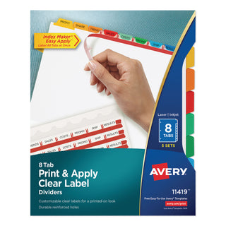 Avery® Print and Apply Index Maker Clear Label Dividers, 8 Color Tabs, Letter, 5 Sets (AVE11419)