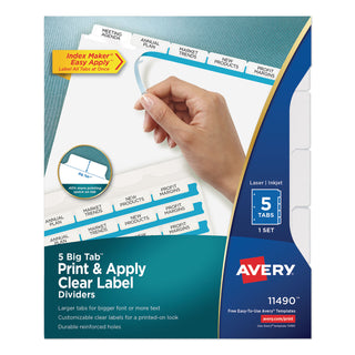 Avery® Print and Apply Index Maker Clear Label Dividers, 5 White Tabs, Letter (AVE11490)