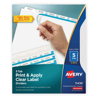 Avery® Print and Apply Index Maker Clear Label Dividers, 5 White Tabs, Letter, 5 Sets (AVE11436)