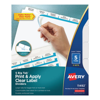 Avery® Print and Apply Index Maker Clear Label Dividers, 5 White Tabs, Letter, 5 Sets (AVE11492)