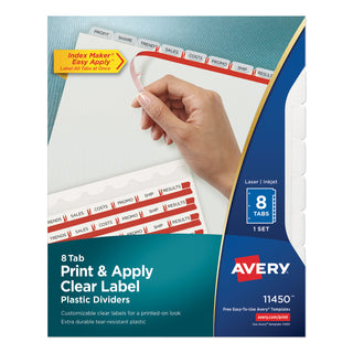 Avery® Print and Apply Index Maker Clear Label Plastic Dividers with Printable Label Strip, 8-Tab, 11 x 8.5, Translucent, 1 Set (AVE11450)