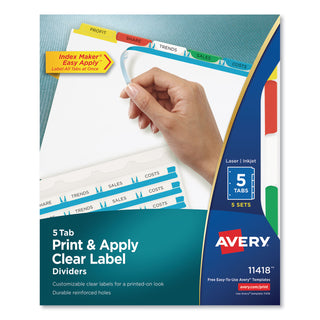 Avery® Print and Apply Index Maker Clear Label Dividers, 5 Color Tabs, Letter, 5 Sets (AVE11418)