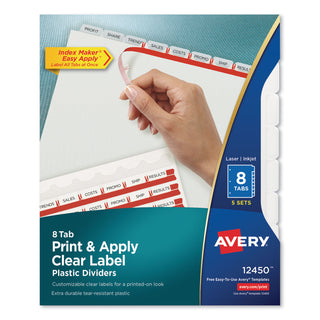 Avery® Print and Apply Index Maker Clear Label Plastic Dividers with Printable Label Strip, 8-Tab, 11 x 8.5, Translucent, 5 Sets (AVE12450)