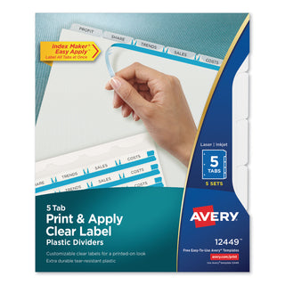 Avery® Print and Apply Index Maker Clear Label Plastic Dividers with Printable Label Strip, 5-Tab, 11 x 8.5, Translucent, 5 Sets (AVE12449)