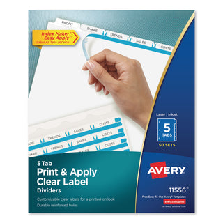 Avery® Print and Apply Index Maker Clear Label Dividers, 5 White Tabs, Letter, 50 Sets (AVE11556)
