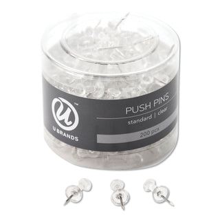 U Brands Standard Push Pins, Plastic, Clear, 7/16", 200/Pack (UBR658U0824)