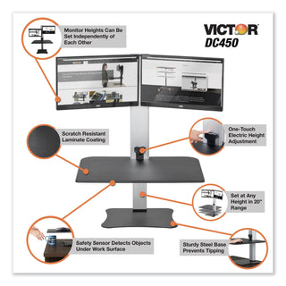 Victor® DC450 High Rise Electric Dual Monitor Standing Desk Workstation, 28w x 23d x 20.25h, Black/Aluminum (VCTDC450)
