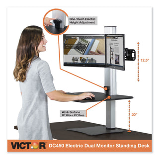 Victor® DC450 High Rise Electric Dual Monitor Standing Desk Workstation, 28w x 23d x 20.25h, Black/Aluminum (VCTDC450)
