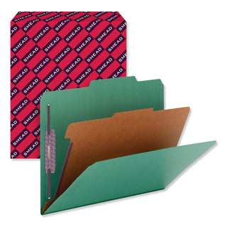 Smead™ Four-Section Pressboard Top Tab Classification Folders with SafeSHIELD Fasteners, 1 Divider, Letter Size, Green, 10/Box (SMD13733)