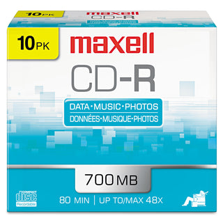 Maxell® CD-R Discs, 700MB/80min, 48x, w/Slim Jewel Cases, Silver, 10/Pack (MAX648210)