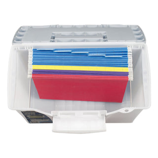 Storex Portable Letter/Legal Filebox with Organizer Lid, Letter/Legal Files, 14.5" x 10.5" x 12", Clear/Silver (STX61511U01C)