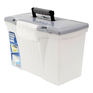 Storex Portable Letter/Legal Filebox with Organizer Lid, Letter/Legal Files, 14.5" x 10.5" x 12", Clear/Silver (STX61511U01C)