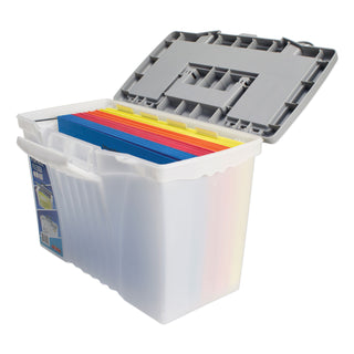 Storex Portable Letter/Legal Filebox with Organizer Lid, Letter/Legal Files, 14.5" x 10.5" x 12", Clear/Silver (STX61511U01C)