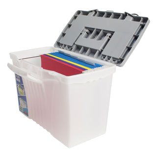 Storex Portable Letter/Legal Filebox with Organizer Lid, Letter/Legal Files, 14.5" x 10.5" x 12", Clear/Silver (STX61511U01C)