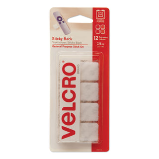 VELCRO® Sticky-Back Fasteners, Removable Adhesive, 0.88" x 0.88", White, 12/Pack (VEK90073)