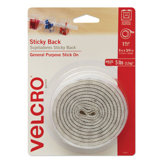 VELCRO® Sticky-Back Fasteners with Dispenser, Removable Adhesive, 0.75" x 5 ft, White (VEK90087)