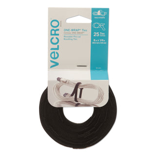 VELCRO® ONE-WRAP Hook & Loop Ties, 1/4" x 8", Black, 25/Pack (VEK91141)