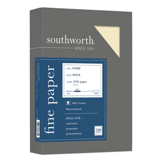 Southworth® 100% Cotton Business Paper, 32 lb, 8.5 x 11, Ivory, 250/Pack (SOUJD18IC)