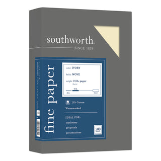 Southworth® 25% Cotton Business Paper, 95 Bright, 24 lb, 8.5 x 11, Ivory, 500/Ream (SOU404IC)