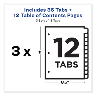 Avery® Customizable Table of Contents Ready Index Dividers with Multicolor Tabs, 12-Tab, 1 to 12, 11 x 8.5, White, 3 Sets (AVE11083)