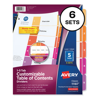 Avery® Customizable TOC Ready Index Multicolor Dividers, 5-Tab, Letter, 6 Sets (AVE11187)