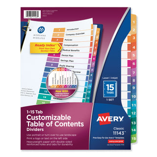 Avery® Customizable TOC Ready Index Multicolor Dividers, 15-Tab, Letter (AVE11143)