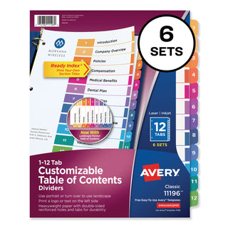 Avery® Customizable TOC Ready Index Multicolor Dividers, 12-Tab, Letter, 6 Sets (AVE11196)