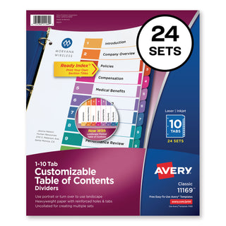 Avery® Customizable TOC Ready Index Multicolor Dividers, 10-Tab, Letter, 24 Sets (AVE11169)